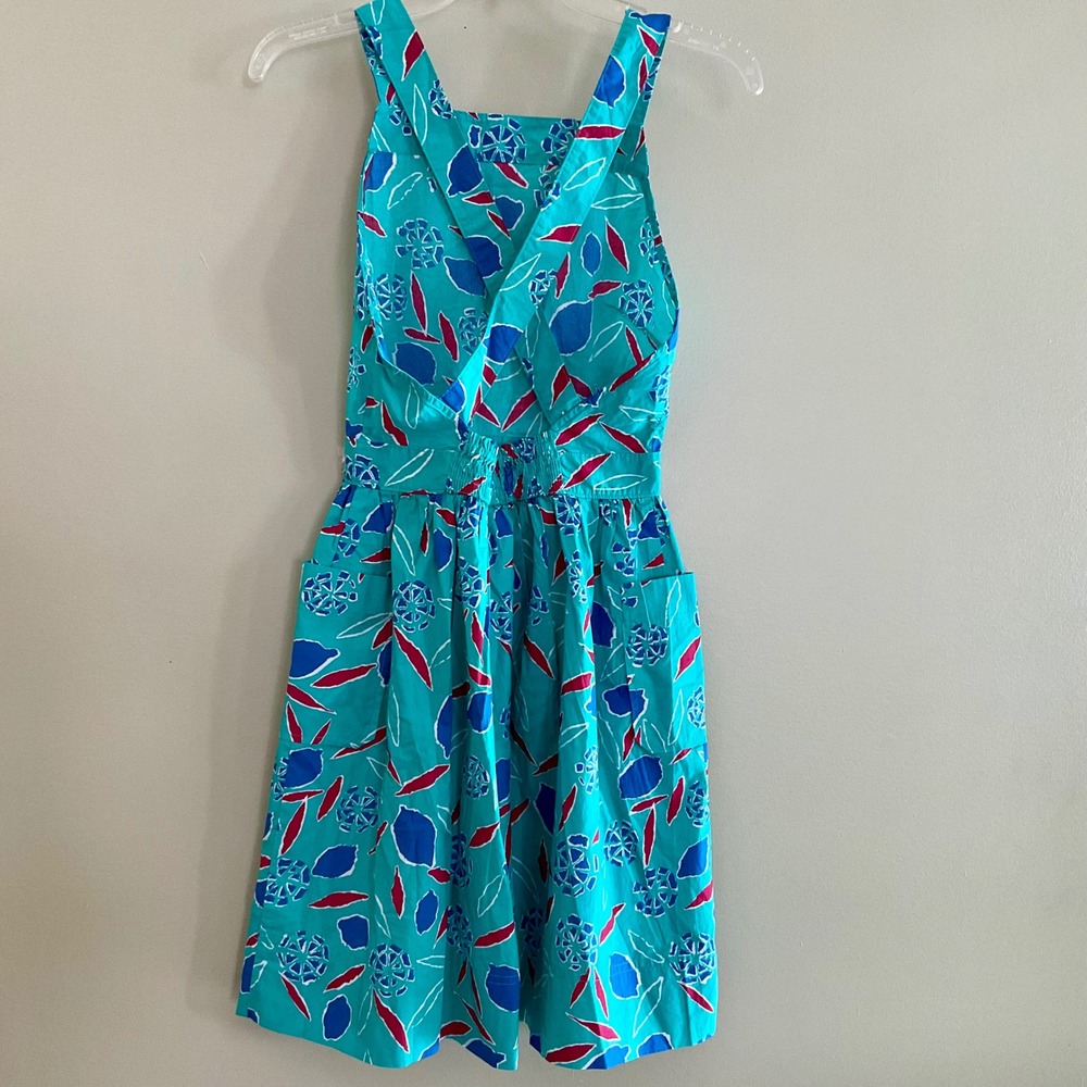 Crewcuts Girls Teal Abstract Floral Cotton Cross Back Sun Dress S 14 NWT Summer - Picture 2 of 11